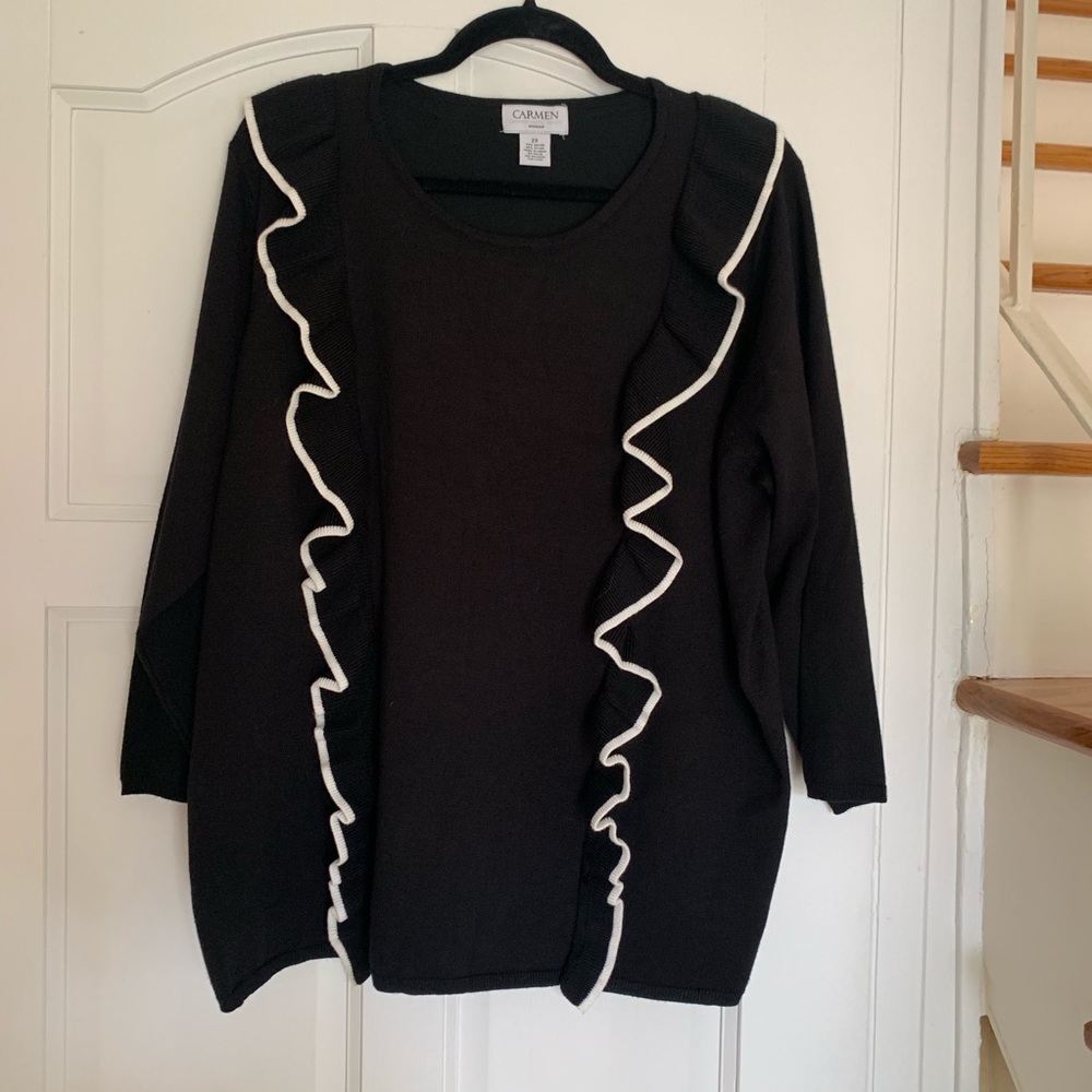 Black Ruffle Front Sweater with White trim